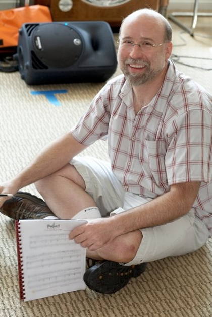 Brian Wilbur Grundstrom at rehearsal for Pepe! The Mail Order Monkey Musical