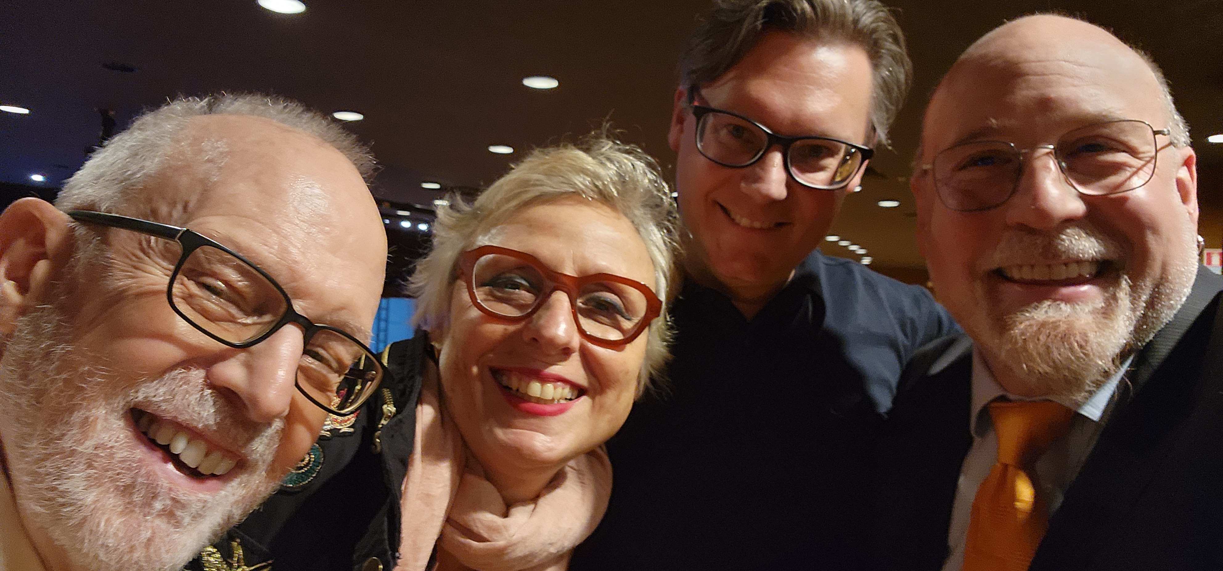 Brian Wilbur Grundstrom with with Dramaturg Bob Barnett, Stage Director & Choreographer Eliana Carneiro, and tenor Michael Axelsson with the premiere production of For Whom the Bell Tolls.